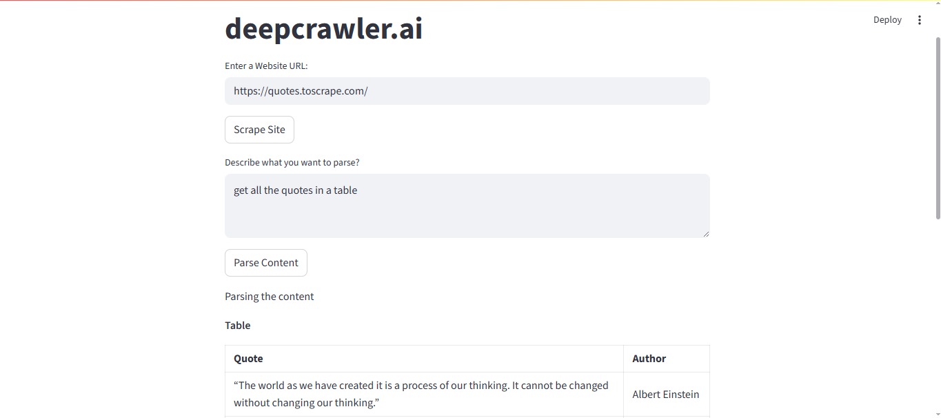 deepcrawler.ai interface extracting quotes and authors from quotes.toscrape.com into a table